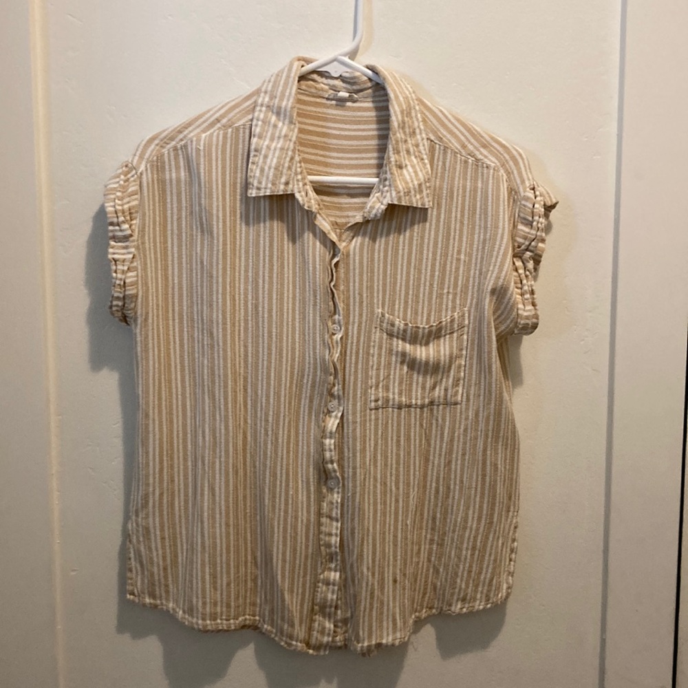 Women’s Button Up Tan and Cream Striped Shirt S